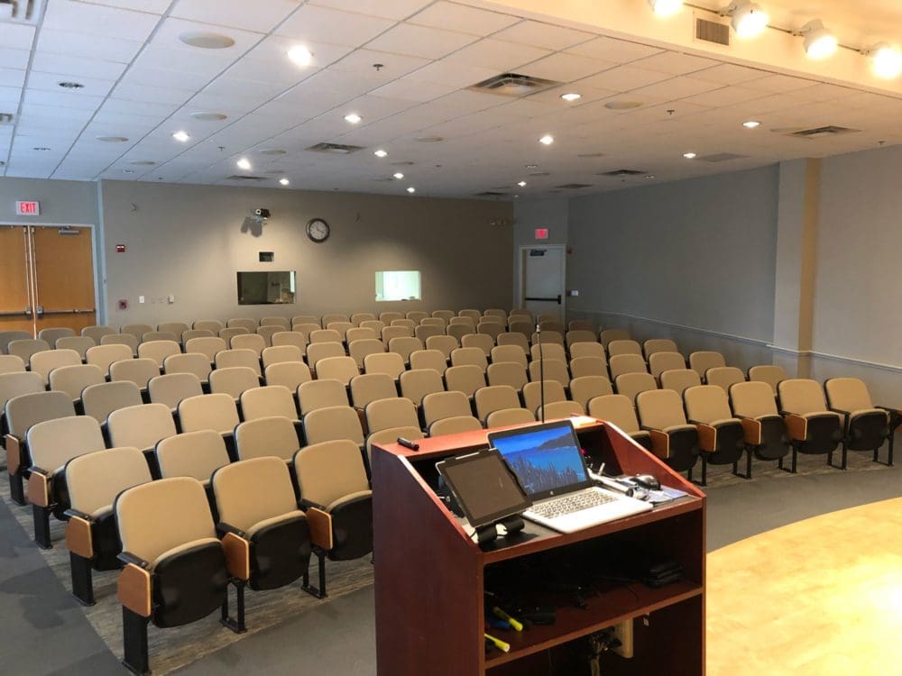 Auditorium view from stage behind lectern